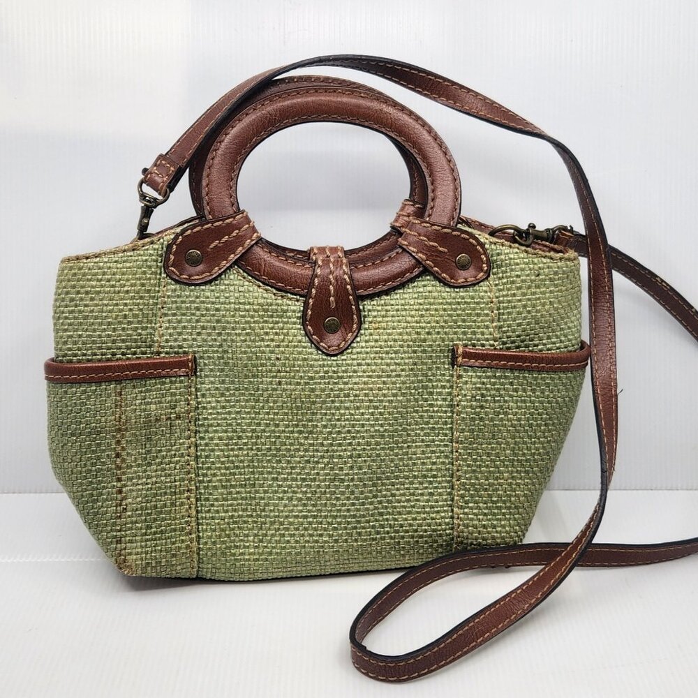 Fossil Woven Canvas Leather Trim Satchel Green Brown Crossbody Bag Magnetic